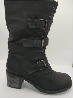 New Womens Black FRH Mid Calf Boots Buckles Size 8.5 Combat Motorcycle Biker